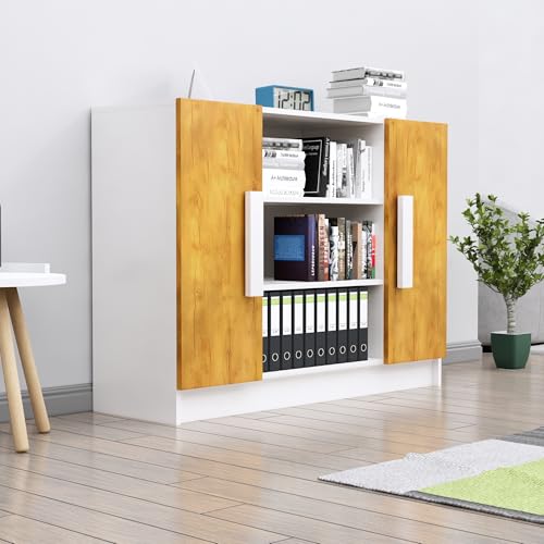 Image of Bniture Storage Cabinet Wooden Sideboard for Living Room with 3 Shelf & 2 Door Multipurpose Book Shelf Storage Organizer Cabinet for Office Home Hallway Drawing Room Bedroom |Frosty White & Giant Wood