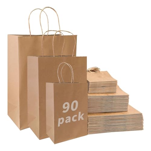 FACEBAG 90-Pack Brown Kraft Paper Bags with Handles Bulk, Assorted Sizes Gift Bags，Grocery，Retail，Party，Birthday，Shopping，Business，Goody，CraftMerchandise Take Out Sacks