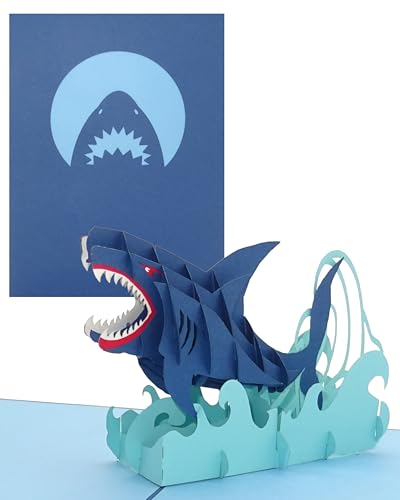 Tarjeta de cumpleaños en 3D con diseño de tiburón con texto Shark Attack, gran tarjeta pop-up con sobre como tarjeta de felicitación, invitación, decoración, idea de regalo