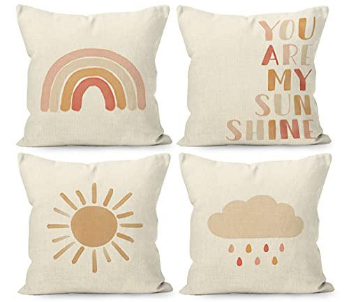 YUESHARE - Juego de 4 fundas de almohada de lino de 45,72 x 45,72 cm, diseño bohemio, acuarela, arco iris, sol, nube, lluvia, You Are My Sunshine, juego de 4, regalos de baby shower para el hogar,