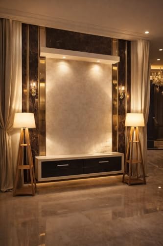 Image of Modern Floor Lamp with Storage Shelves, Wooden Frame, Linen Shade, Standing Light for Living Room, Home Decor
