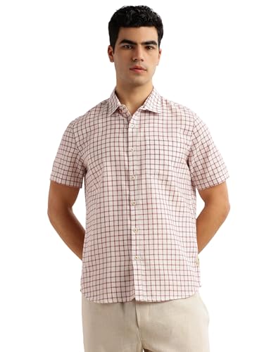 Image of Thomas Scott Men's | Checks | Half Sleeve | Slim Fit | Linen Blend | Spread Collar | Casual Shirt