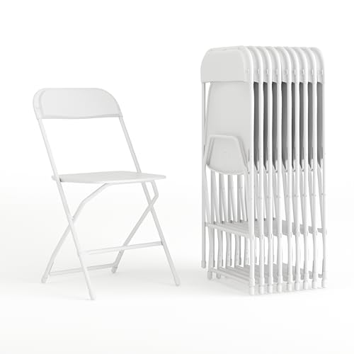 EMMA + OLIVER Set of 10 Plastic Folding Chairs - 650 LB Weight Capacity Lightweight Stackable Folding Chair in White