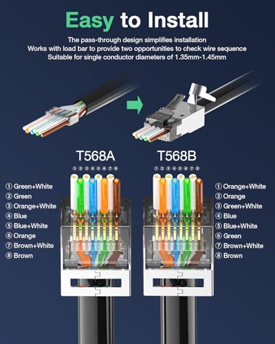 VCELINK CAT6A Connector, RJ45 Connectors Pass Through CAT6A CAT7 Shielded, UL-Listed 3-Prong Gold Plated, CAT7 Connector with Strain Relief Boots (RJ45 Connector-Black, Black, 10-Pack)