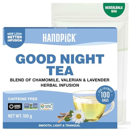 HANDPICK, Good Night Tea Bags (100 Count) Night Time Herbal Tea | Caffeine Free, Gluten Free | Floral Blend - Lavender, Chamomile, Peppermint | Natural Sleep Tea, Perfect for Bedtime