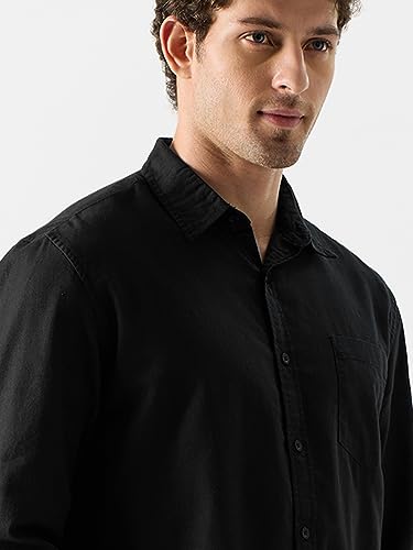 Image of The Souled Store Original Solids: Black Men Cotton Linen Shirts