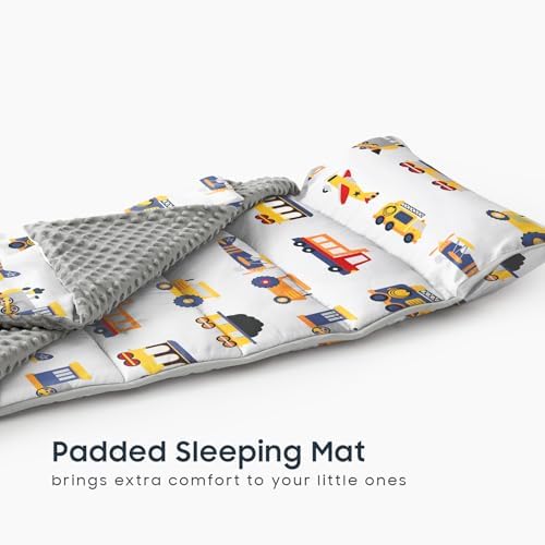 Wake In Cloud - Toddler Nap Mat with Pillow and Minky Fleece Blanket, for Kids Boys Ages 3 Plus in Daycare Preschool Kindergarten, Roll Up Sleeping Bag, Planes Trains Trucks, Light Gray, Standard — view 4