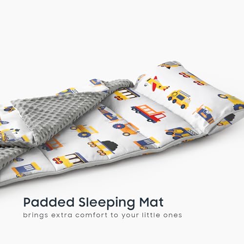 Image of Wake In Cloud - Toddler Nap Mat with Pillow and Minky Fleece Blanket, for Kids Boys Ages 3 Plus in Daycare Preschool Kindergarten, Roll Up Sleeping Bag, Planes Trains Trucks