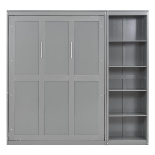 Image of Merax Space-Saving Gray Murphy Bed Full Size with Adjustable Storage Shelves, Multifunctional Foldable Wall Bed for Small Spaces Studio Study Office Guest Room
