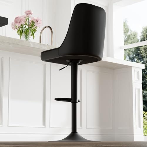 Image of Swivel Bar Stools Set of 2 - Black Barstools with Back,Adjustable Counter Height Bar Stools with Sturdy Metal Legs,Leather Counter Height Stools Ideal for Kitchen Island Pub(25''-33''H)