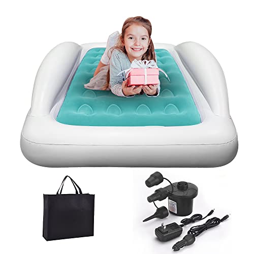 Inflatable Toddler Travel Bed with Sides Camping Air Mattress Idea for Outdoor Indoor Use (Green)