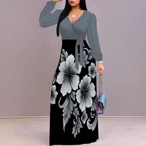 Image of Women's Plus Size Maxi Dresses Long Sleeves V Neck Floral Print Bohemian Swing Long Dress with Belt