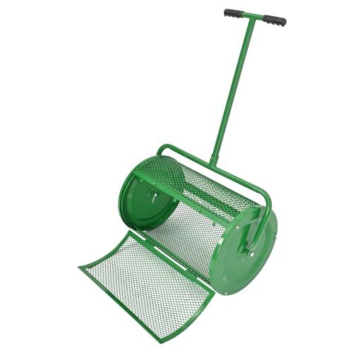 KUAFU 24' Compost Spreader Peat Moss Spreader T-Shaped Handle for Planting Lawn and Garden Care Manual Spreaders Roller Green Powder Coated Steel Mesh Basket