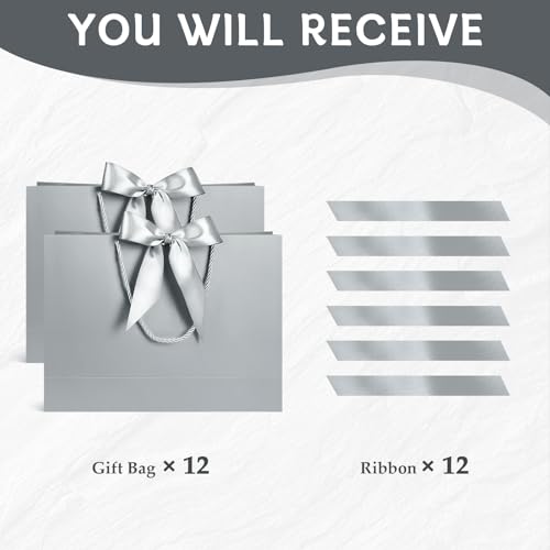 Image of JMANNI 12 Pcs Wedding Paper Gift Bags with Handle,13 inch Medium Thank You Gifts Bags with Ribbon Bow Bridal Shower Gifts for Baby Shower Graduation Holiday Birthday Party Supplies Mothers Day（silver）