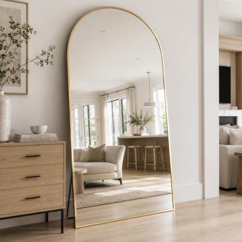 TinyTimes 90"x46" Full Length Mirror, Oversized Arched Floor Mirror, Gold