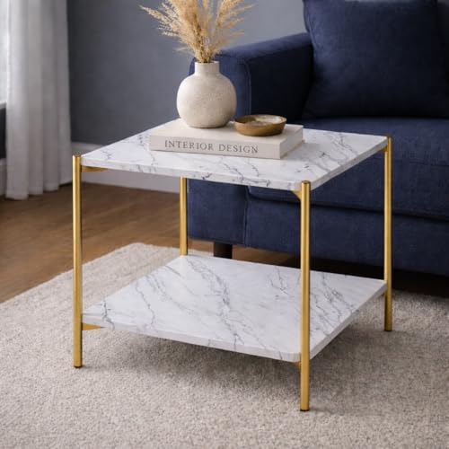 Emirates Living Square Coffee Table 40cm | Small 2 Tier End Table with Open Storage Shelf | White Wood Top & Gold Metal Frame| Modern Side Table for Living Room
