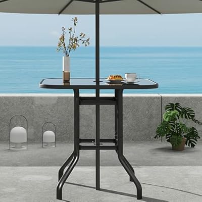 YITAHOME Patio Table w/Umbrella Hole, 32" Square Outdoor High Top Table w/Thick Tempered Glass Tabletop and E-Coating Steel Frame, All Weather Bar Height Outdoor Table for Balcony Backyard Poolside