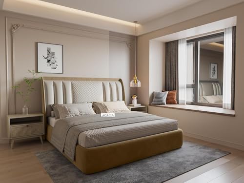 Image of Modern Upholstered Queen Size Bed with Box Storage for Bedroom | Wooden Double Bed with Storage | Platform Cot with Upholstery Premium Fabric | 6.5 x 5 Ft, Sheesham Wood (Brown Color)