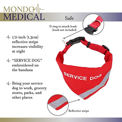 Mondo Medical Service Dog Bandana - 12-16in Neck Girth Service Dog Gear Reflective Dog Bandana Handkerchief Bib - Small Embroidered Service Animal Scarf Collar in Bright Red