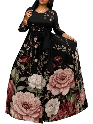 Image of PinkPatty Women's Long Sleeve Maxi Dress Plus Size Casual V Neck Wrap Dress with Pockets&Belt