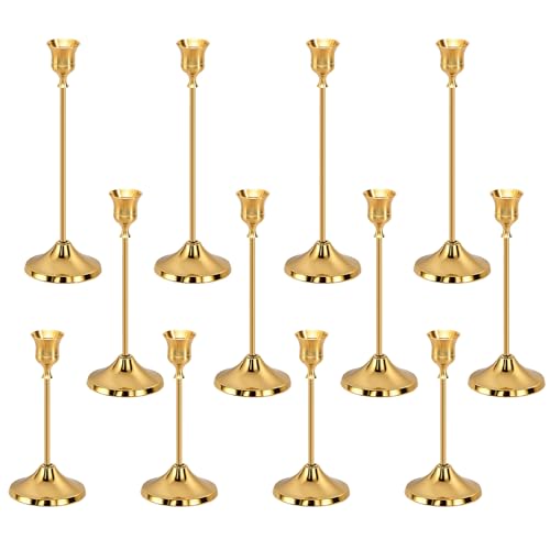 12 Pièces Bougeoir Doré, Bougeoirs Vintage Chandelier Bougeoir, 3 Hauteurs Bougeoirs Métal Chandeliers Coniques Bougeoir Doré pour Mariages Fêtes Dîners...
