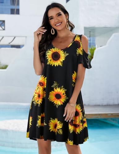 Image of JollieLovin Womens Plus Size Short Sleeve Cold Shoulder V Neck T-Shirt Dress with Pockets