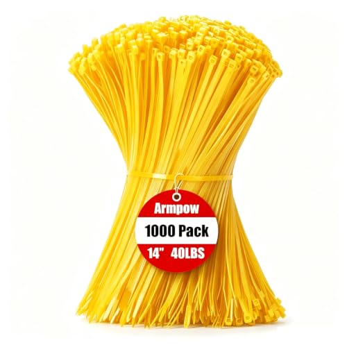 Image of Armpow 14 Inch Zip Ties Yellow 1000 PCS, 40 Lbs- Heavy Duty Tensile Strength, Nylon PA66 UV Resistant Cable Ties for Indoor and Outdoor Use - Ideal for object bundling and fastening