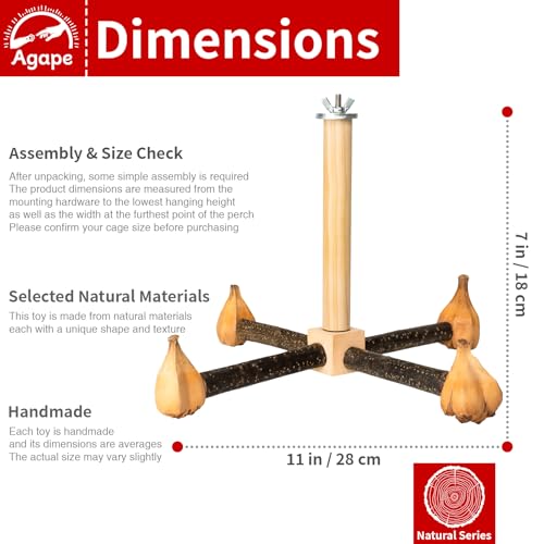 Image of Agape Rotating Parrot Perch with Chew Toy, Wooden Stand for Small Birds | Natural Bird Cage Accessory for Parakeets, Cockatiels, Lovebirds, Conures, Budgies, Helps Reduce Boredom & Encourage Exercise