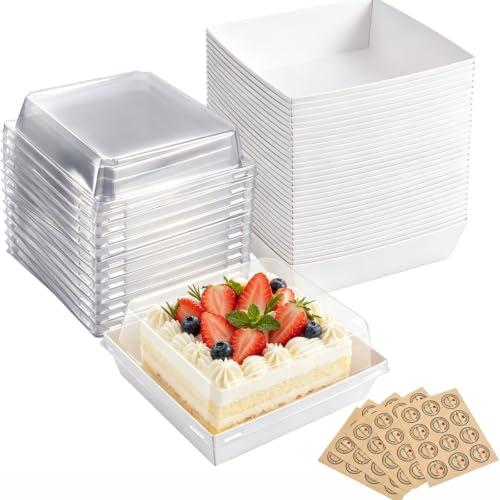 Joyseedi 50pcs Paper Cake Slice Boxes with Clear Lids 12cm Oil-Proof Charcuterie Dessert Square Food Containers Cupcake Takeaway Boxes for Bakery Macaron Sandwich Cookies (White)