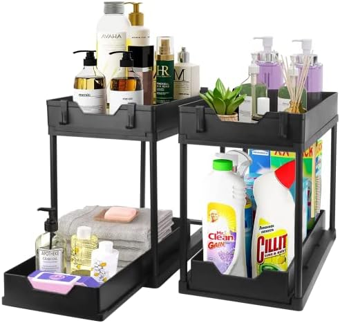 2 Pack Under Sink Organizers and Storage, Under Cabinet Organizer for Kitchen Organizer Multi-purpose Under Kitchen Sink Storage Under Sink Organizers with 4 Hooks (Black-2Pack)