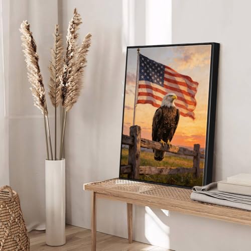 Image of American Flag Framed Canvas Wall Art, 4th of July Red White Blue Canvas Prints, USA Flag with Bald Eagle Patriotic Decorations, Vintage Independence Day Wall Decor for Bedroom Living Room 20x24