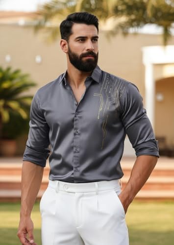 Image of IndoPrimo Men's Stylish Satin Shirt for Party, Formal, Daily and Casual Wear Full Sleeve Shirt for Men