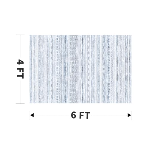 4x6 Area Rugs for Living Room Machine Washable Rug Distressed Indoor Carpet Neutral Moroccan Boho Rug Ultra Soft Area Rug for Bedroom Dining Room Playroom Office, Blue