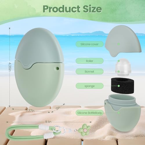 FruaSio Sunscreen Application for Kids with Roller Ball & Sponge, Detachable Floral Lanyard, Refillable Travel Size Stick Applicator,Lotion Applicator, Portable Mess-Free(Green)