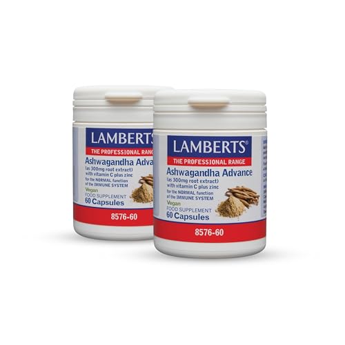 Pack x2 | Lamberts Ashwagandha, Cápsulas Vegetarianas con Extracto de Raíz, Vitamina C y Zinc, Para Sistema Inmunitario, 60 Cápsulas | LAMBERTS