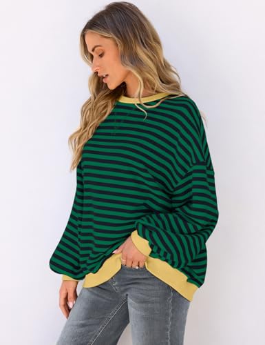 Image of UEU Women Oversized Striped Crewneck Sweatshirt Long Sleeve Color Block Pullover Tops Casual Loose Workout Shirt