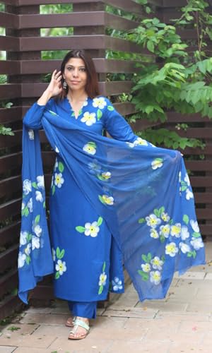 Image of GoSriKi Kurta Sets for Women Viscose Printed | Kurta Pant Dupatta Set | Straight Kurti Set for Women | N Neck Scalloped Kurta | 3 /4 Sleeve Ethnic Suit Set for Girls | Designer Indian Kurti