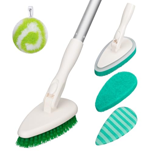 Qaestfy Limpiador de ducha 4 en 1 para bañera y azulejos, cepillo de limpieza de baño de mango largo de 51 pulgadas con cerdas suaves y rígidas, limpiador antiarañazos para bañera y suelo