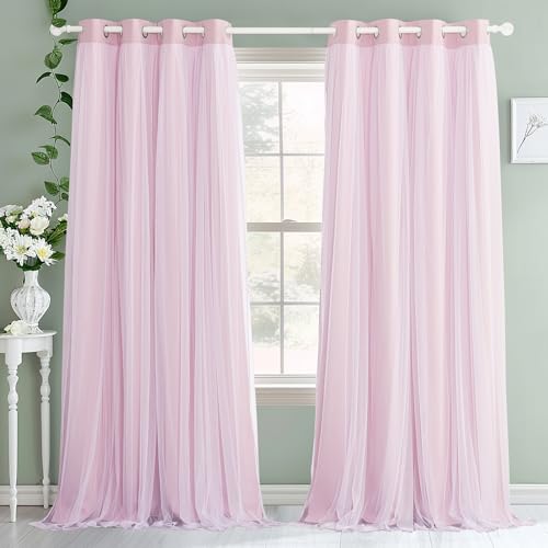 PONY DANCE Pink Blackout Curtains with White Sheer Overlay 84