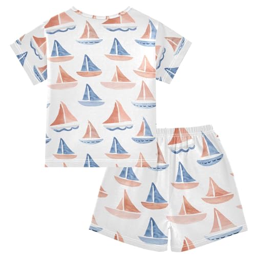 ALAZA Watercolor Sail Boat Cartoon Pajamas Set Short Sleeve Cotton Sleepwear Summer Pjs 2 Piece 5-14Y2