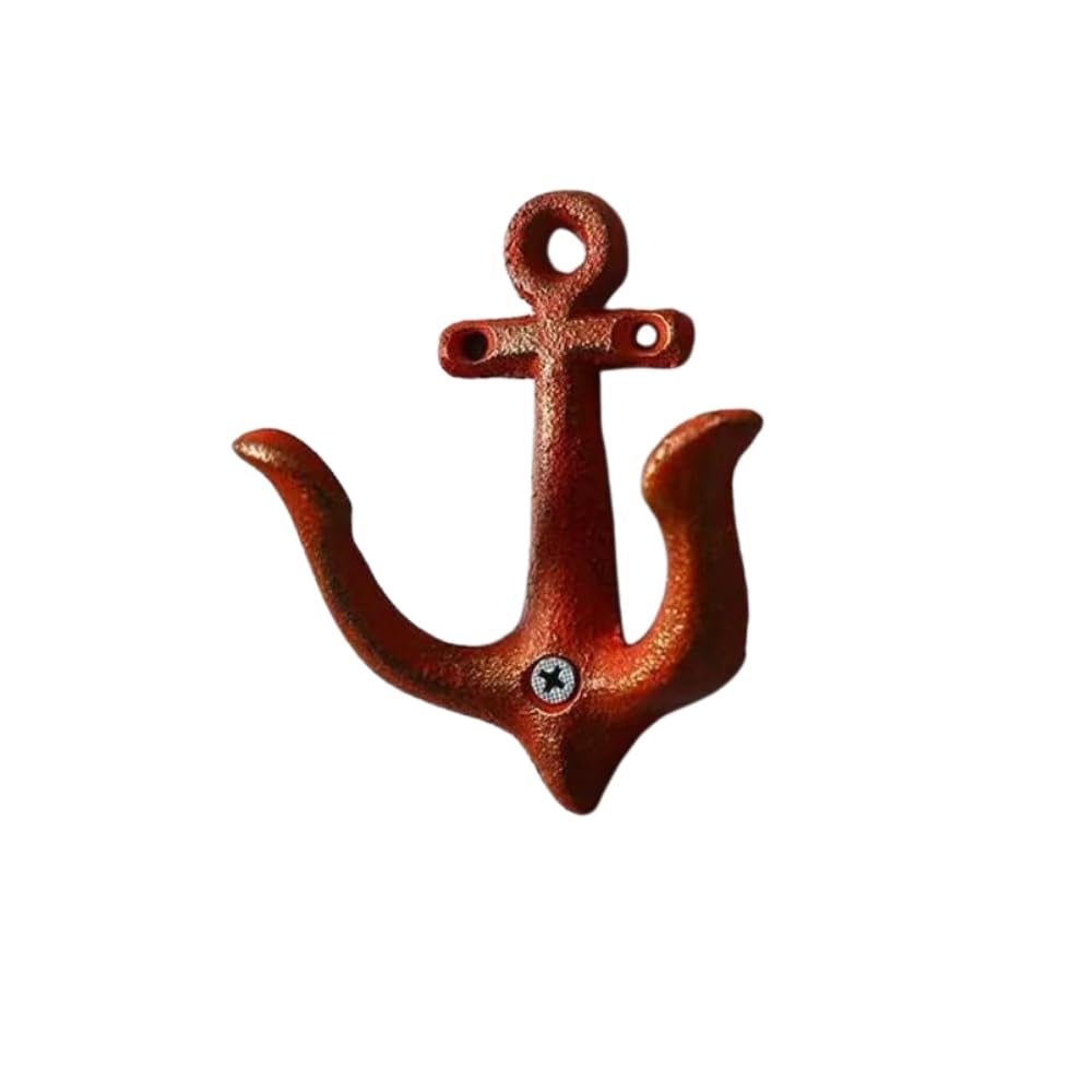 Rustic Cast Iron Anchor Wall Hooks - Heavy Duty Coat Hooks Wall Mounted - Key Holder, Towel Hook & Door Hanger for Beach House Room Decor - Metal Screw In Hooks for Hanging with Hardware (Red)
