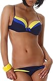 PF-Fashion Damen Push-Up Bikini Träger verstellbar Uni Slip Zierschleife Blau-Gelb 36/38