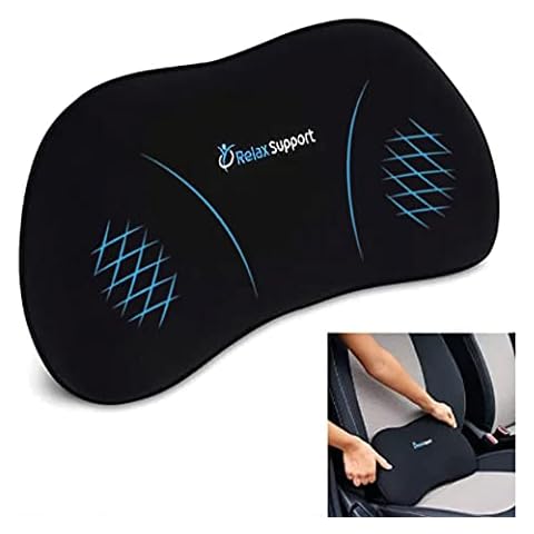 RELAX SUPPORT RS13-S Lumbar Support Pillow for Car - Full Memory Foam, Adjustable Dual Straps, Medium Firm - Promotes Good Spinal Posture&Comfortable Sitting While Driving - Back Support for Car Seat Cover