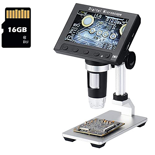 Jiusion DM3 4.3inch Screen Full Color HD LCD Digital USB Microscope with 16G Micro SD Card, 50X - 1000X Magnification Zoom Camera 1920 x 1080P Video Recording/Saving, PCB Coins Magnify for Windows Mac