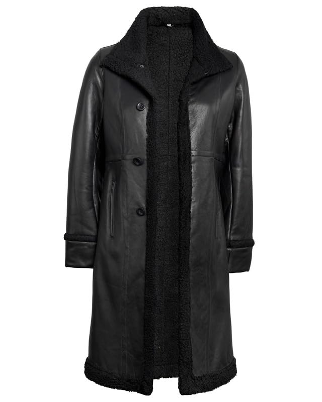 Blingsoul Wintermäntel für Frauen - Echte Lamsbkin Kapuzenlederjacke Pelzmantel, Schwarz - Maura Shearling Mantel, Large