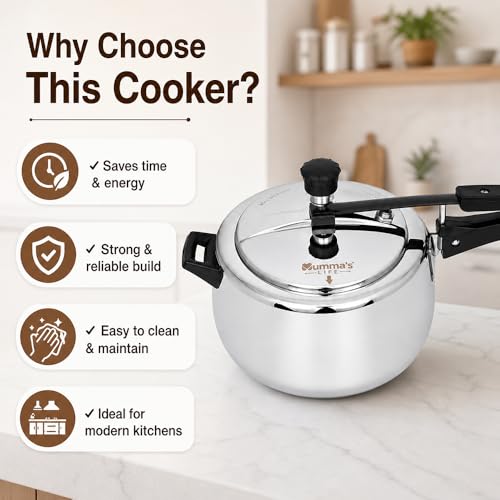 Image of Mumma's LIFE Cooker 5 Litres Stainless Steel | Heavy-Duty Silver Pressure Cooker with Inner Lid | Cool-Touch Handles | ISI Certified Lock System | Induction & Gas Stove Compatible