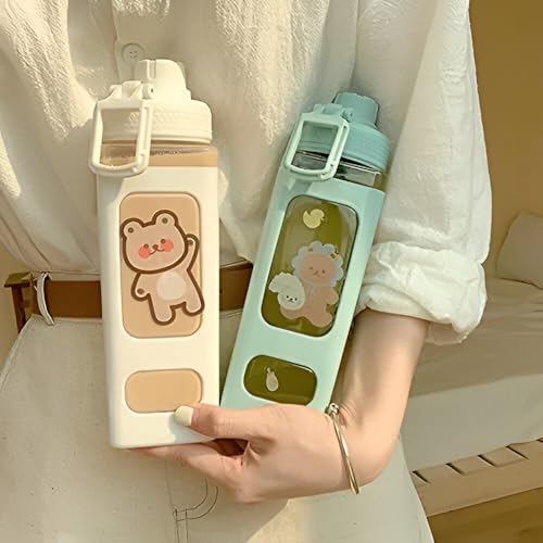 Image of LHOTSE FreeSip Cute Square Water Bottle for School with Straw & Leakproof Lid - Large Capacity Kawaii Bottle for Kids, Girls & Office Use (Green)