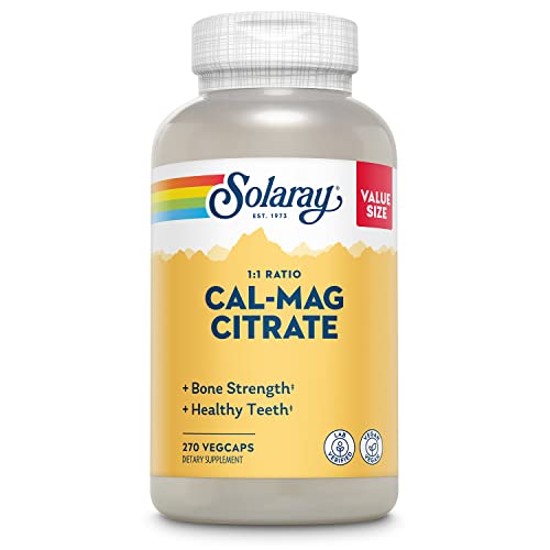 Solaray Calcium Magnesium Citrate 1000mg 1:1 Ratio Bone Strength Supplement Muscle Nerve and Bone Health Support Chelated for High Absorption 60-Day Guarantee 45 Servings 270 VegCaps