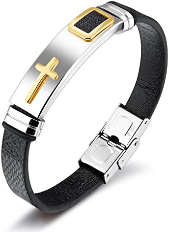 StarLight Cross Religious Bracelets for Men，Stainless Steel and Silicone Leather Men's Cuff Bangle for Teen Boys and Man(Black 18.5)