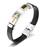 StarLight Cross Religious Bracelets for Men，Stainless Steel and Silicone Leather Men's Cuff Bangle